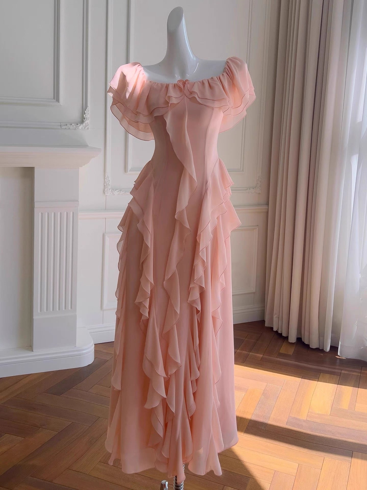 Sexy A Line Off The Shoulder Blush Pink Chiffon Long Prom Dresses Party Dress 20th Birthday Outfits Graduation Dresses DH2119