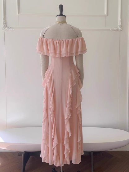 Sexy A Line Off The Shoulder Blush Pink Chiffon Long Prom Dresses Party Dress 20th Birthday Outfits Graduation Dresses DH2119