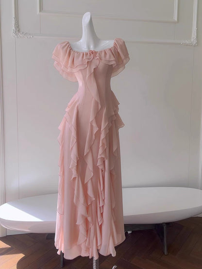 Sexy A Line Off The Shoulder Blush Pink Chiffon Long Prom Dresses Party Dress 20th Birthday Outfits Graduation Dresses DH2119