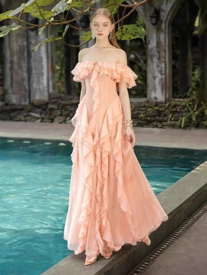 Sexy A Line Off The Shoulder Blush Pink Chiffon Long Prom Dresses Party Dress 20th Birthday Outfits Graduation Dresses DH2119