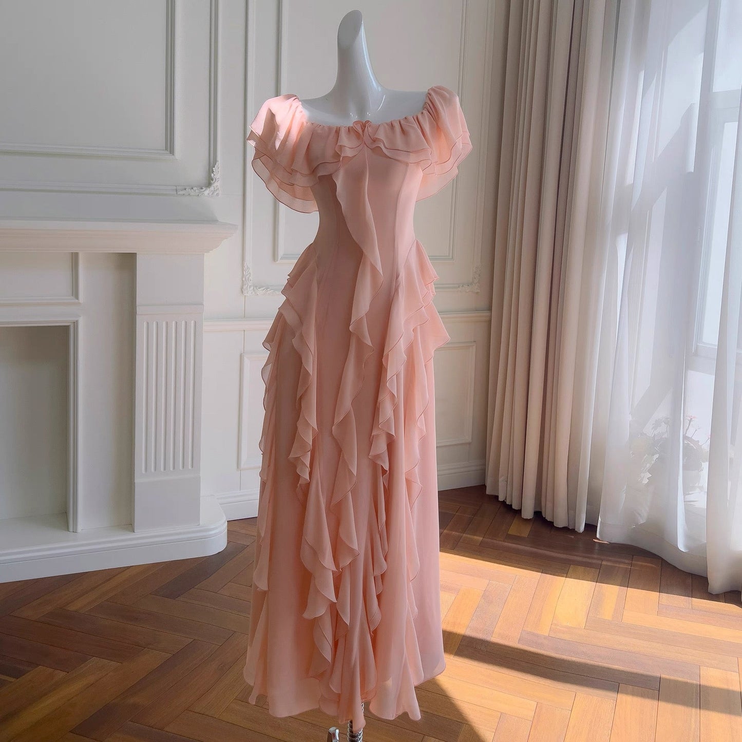 Sexy A Line Off The Shoulder Blush Pink Chiffon Long Prom Dresses Party Dress 20th Birthday Outfits Graduation Dresses DH2119