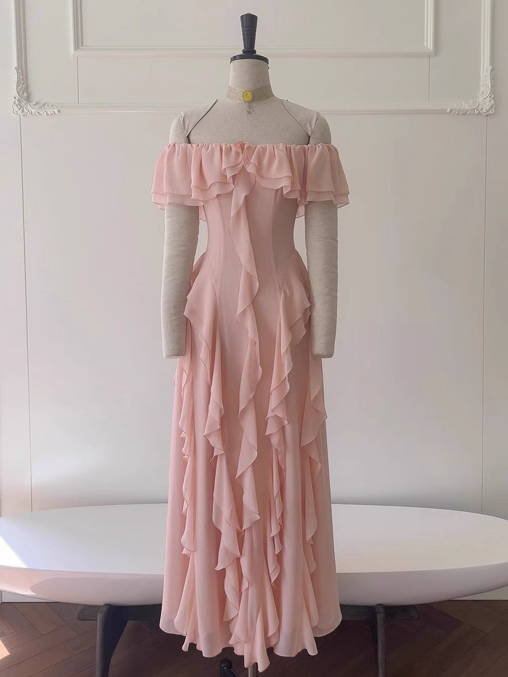 Sexy A Line Off The Shoulder Blush Pink Chiffon Long Prom Dresses Party Dress 20th Birthday Outfits Graduation Dresses DH2119