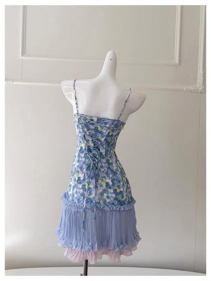 Modest A Line Spaghetti Straps Floral Blue Formal 8th Grade Homecoming Dresses Middle School Short Birthday Gowns Graduation Dress Hoco Outfits DH2122