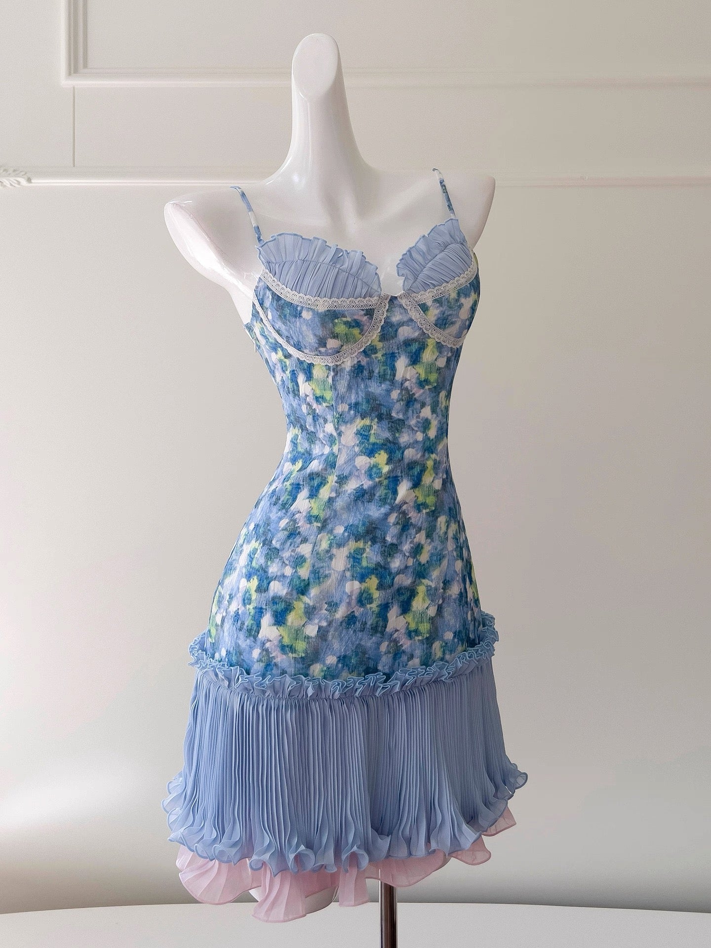 Modest A Line Spaghetti Straps Floral Blue Formal 8th Grade Homecoming Dresses Middle School Short Birthday Gowns Graduation Dress Hoco Outfits DH2122