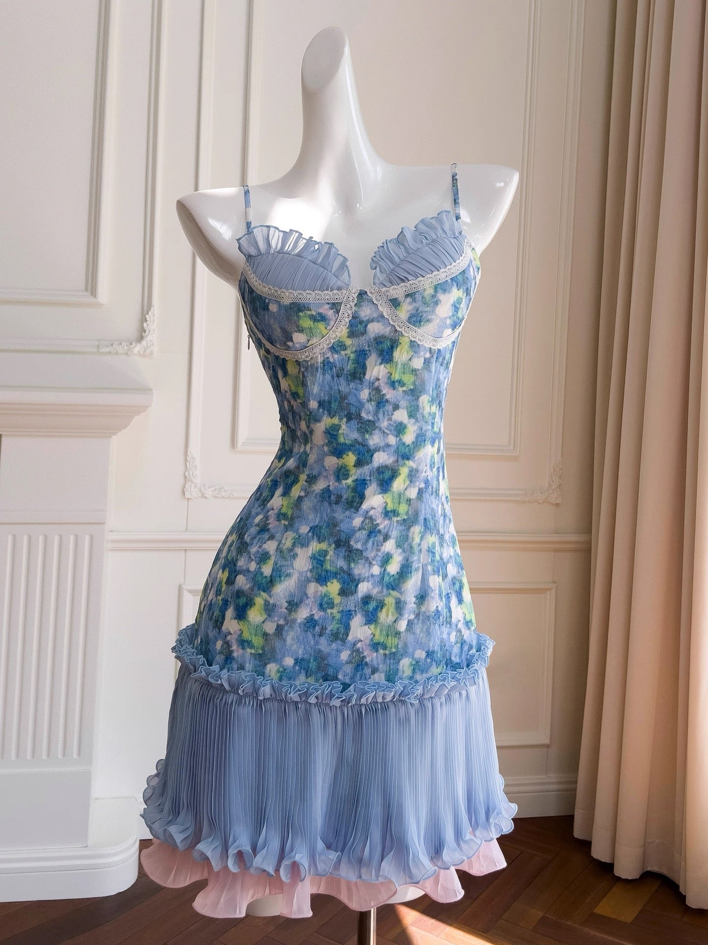 Modest A Line Spaghetti Straps Floral Blue Formal 8th Grade Homecoming Dresses Middle School Short Birthday Gowns Graduation Dress Hoco Outfits DH2122