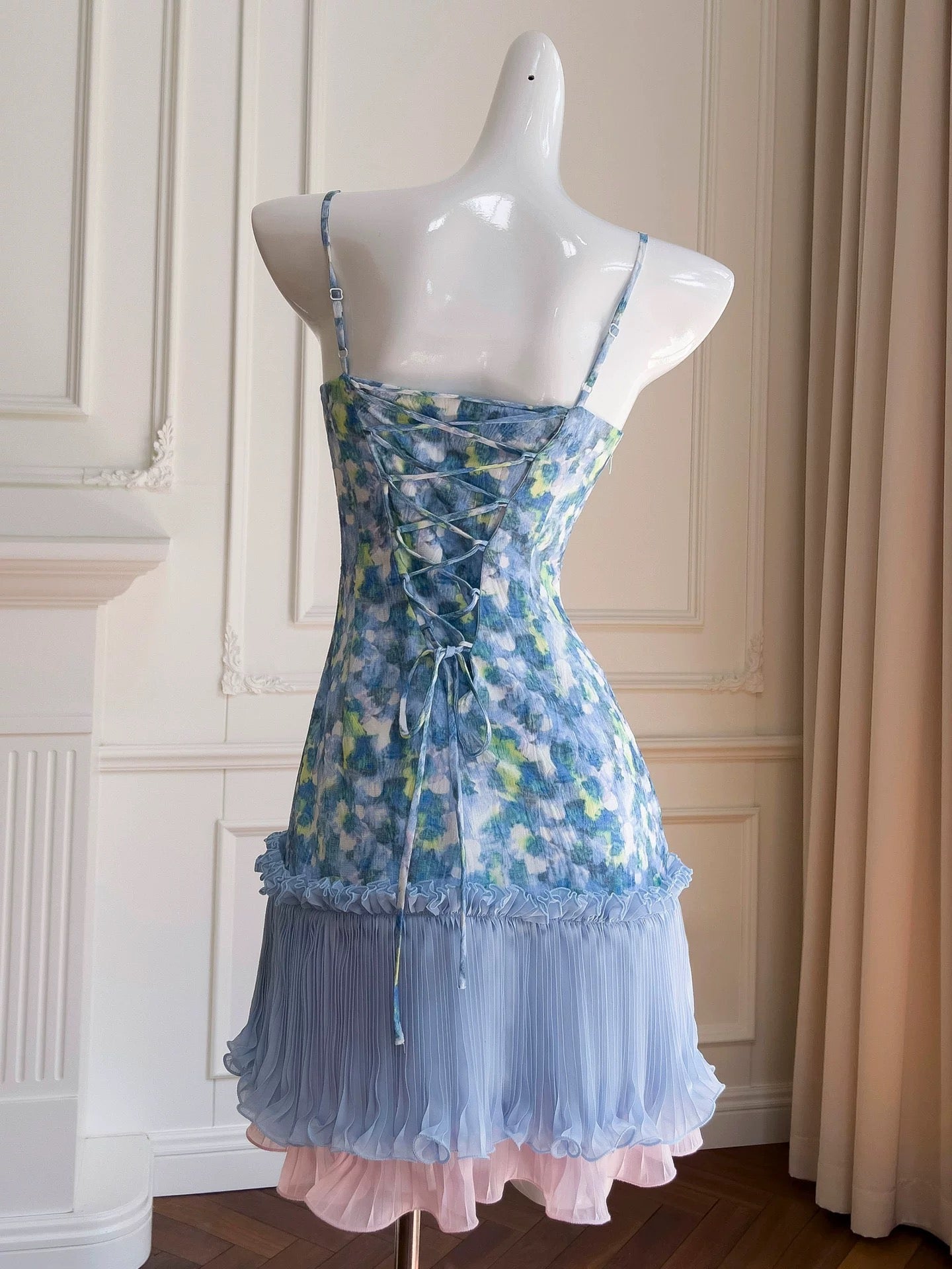 Modest A Line Spaghetti Straps Floral Blue Formal 8th Grade Homecoming Dresses Middle School Short Birthday Gowns Graduation Dress Hoco Outfits DH2122