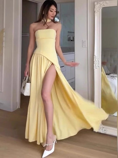 Simple A Line Strapless Brown Chiffon Long Prom Dresses Party Dress 20th Birthday Outfits Graduation Dresses DH2126