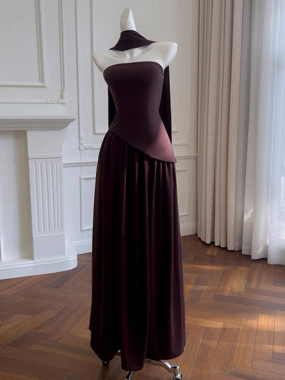 Simple A Line Strapless Brown Chiffon Long Prom Dresses Party Dress 20th Birthday Outfits Graduation Dresses DH2126