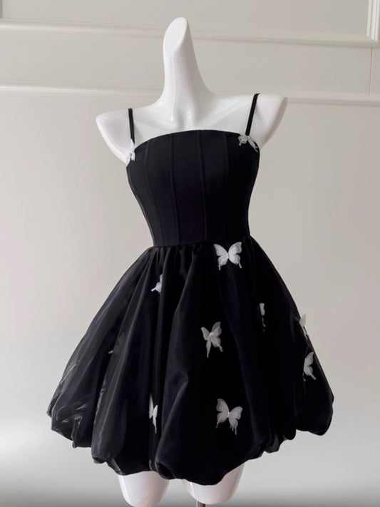 Modest Ball Gown Spaghetti Straps Black Organza Formal 8th Grade Homecoming Dress Middle School Short 18th Birthday Outfits Graduation Dress Hoco Dresses DH2127