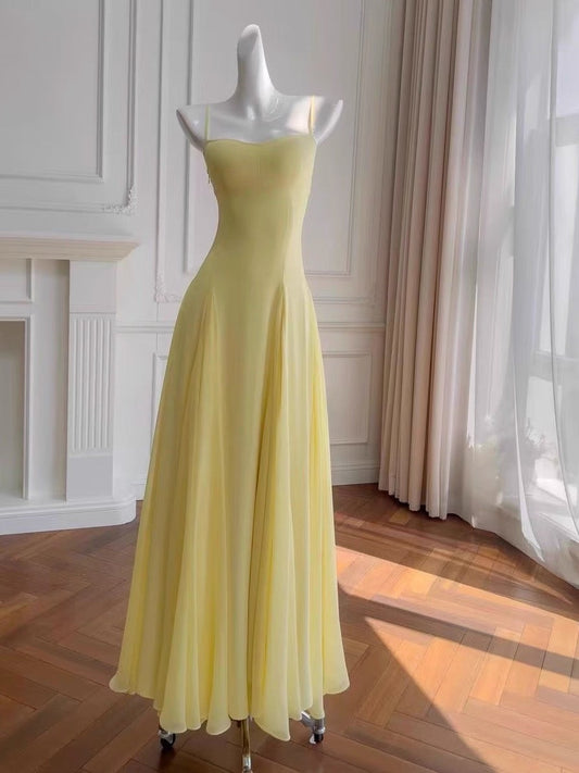 Simple A line Spaghetti Straps Yellow Chiffon Long Prom Dresses Party Dress 20th Birthday Outfits Graduation Dresses DH2128