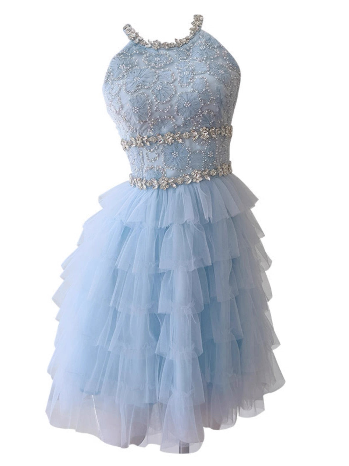 Modest A Line Jewel Neck Light Sky Blue Tulle Formal 8th Grade Homecoming Dress Middle School Short 18th Birthday Outfits Graduation Dress Hoco Dresses DH2130