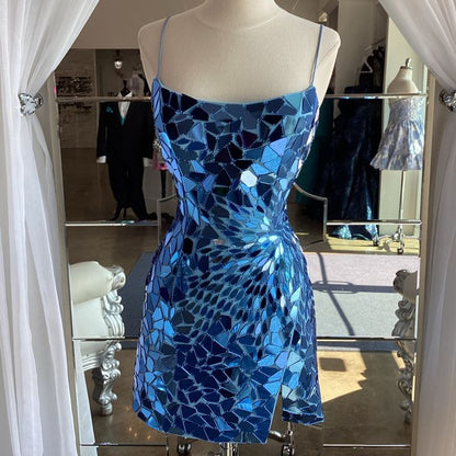Aesthetic Sheath Spaghetti Straps Royal Blue Sequin Tight Mini Formal Homecoming Dress Short Cocktail Outfits Graduation Dress Hoco Dress DH2172