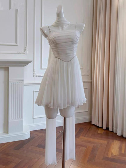 Aesthetic A line Spaghetti Straps White Chiffon Formal Mini Homecoming Dress Middle School Short 19th Birthday Outfits Graduation Dress Hoco Dresses DH2182