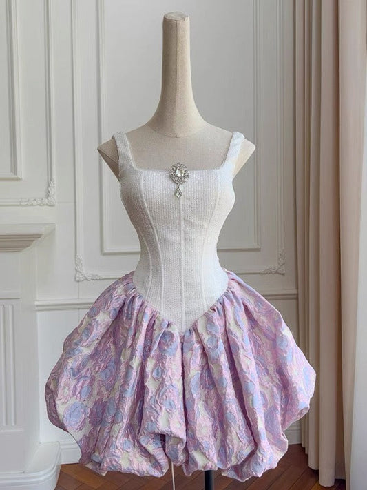 Pretty Ball Gown Square Neck Lilac Floral Printed Pattern Satin Formal Homecoming Dress Middle School Short 21st Birthday Outfits Graduation Dress Mini Cocktail Dresses DH2185