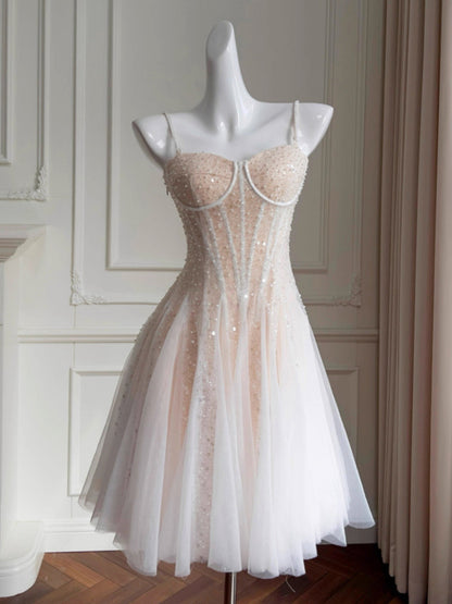 Aesthetic A line Spaghetti Straps Champagne Tulle Formal Mini Homecoming Dress Short 17th Birthday Outfits Graduation Dress Hoco Dresses DH2193