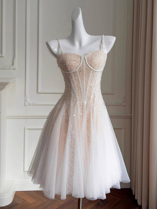 Aesthetic A line Spaghetti Straps Champagne Tulle Formal Mini Homecoming Dress Short 17th Birthday Outfits Graduation Dress Hoco Dresses DH2193