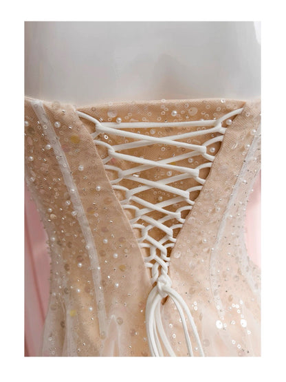 Aesthetic A line Spaghetti Straps Champagne Tulle Formal Mini Homecoming Dress Short 17th Birthday Outfits Graduation Dress Hoco Dresses DH2193