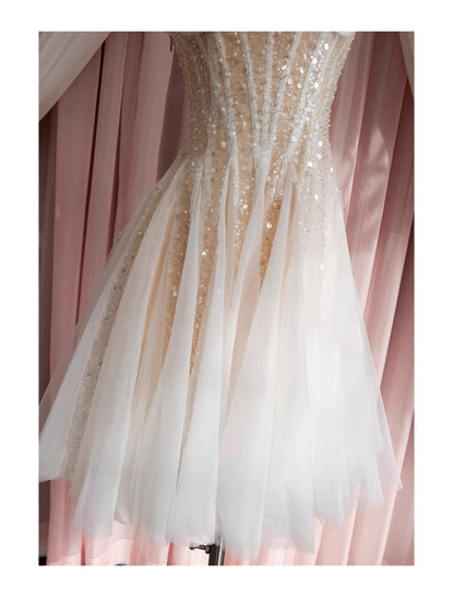 Aesthetic A line Spaghetti Straps Champagne Tulle Formal Mini Homecoming Dress Short 17th Birthday Outfits Graduation Dress Hoco Dresses DH2193