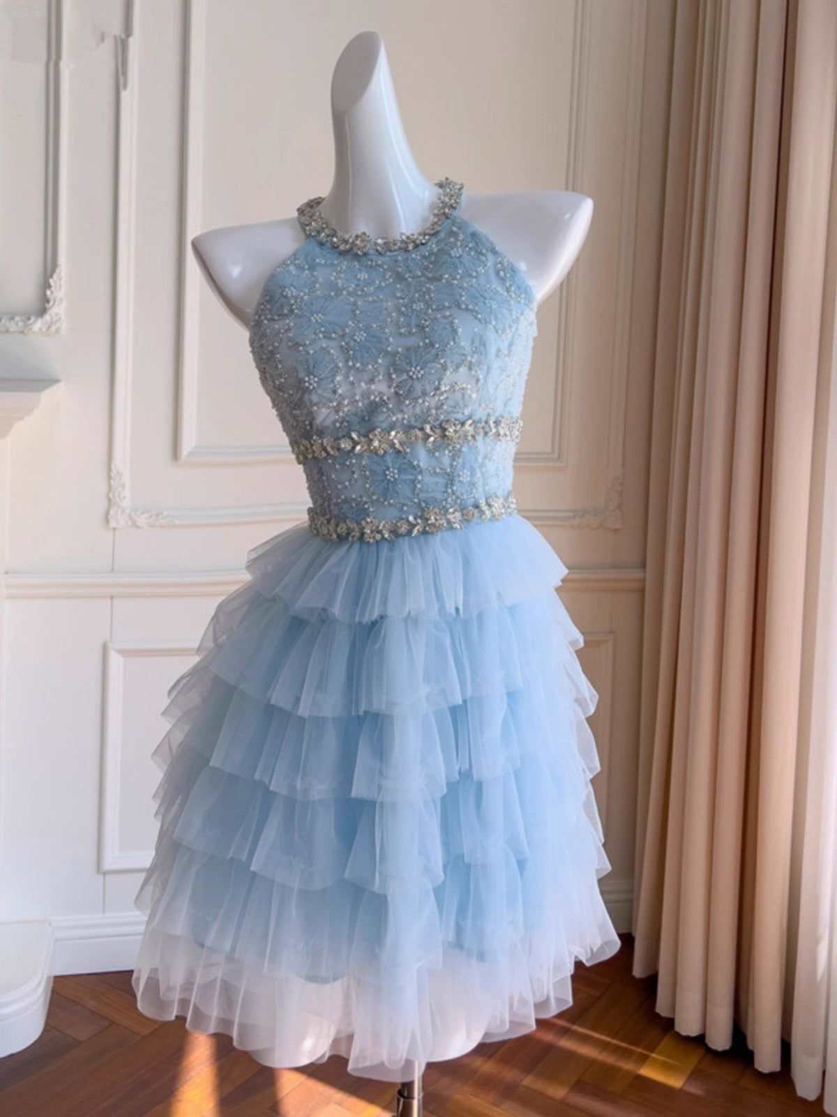 Modest A Line Jewel Neck Light Sky Blue Tulle Formal 8th Grade Homecoming Dress High School Short 18th Birthday Outfits Graduation Dress Hoco Dresses DH2199