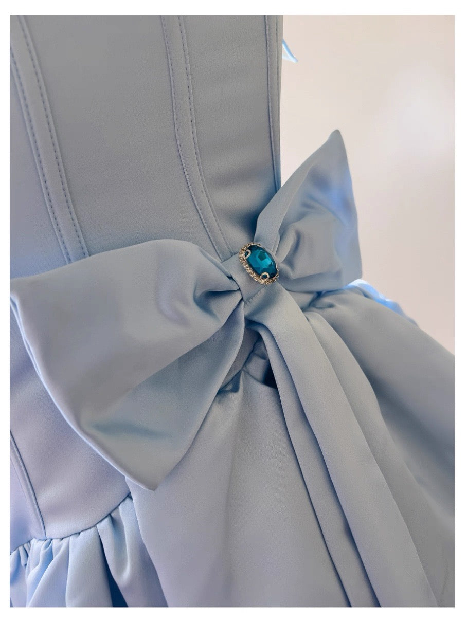 Cute Ball Gown Spaghetti Straps Blue Satin Formal Short Mini Homecoming Dress Middle School 20th Birthday Outfits Graduation Dress Cocktail Dresses DH2207