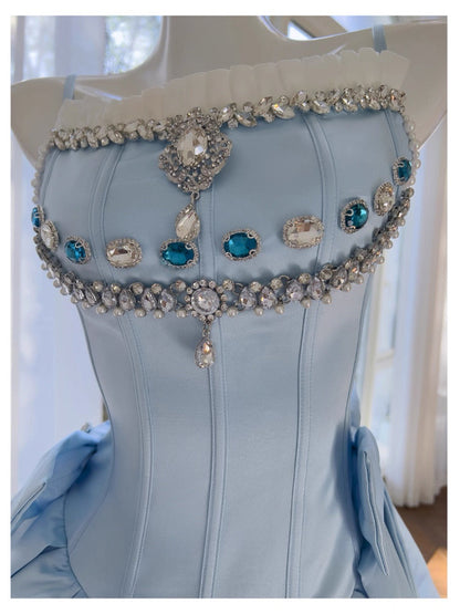 Cute Ball Gown Spaghetti Straps Blue Satin Formal Short Mini Homecoming Dress Middle School 20th Birthday Outfits Graduation Dress Cocktail Dresses DH2207