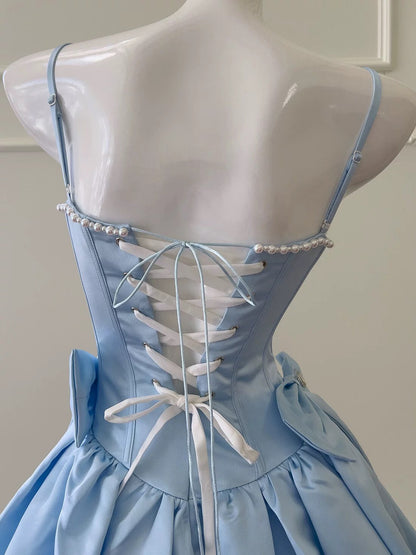 Cute Ball Gown Spaghetti Straps Blue Satin Formal Short Mini Homecoming Dress Middle School 20th Birthday Outfits Graduation Dress Cocktail Dresses DH2207