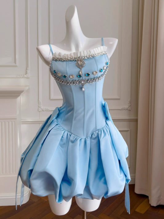 Cute Ball Gown Spaghetti Straps Blue Satin Formal Short Mini Homecoming Dress Middle School 20th Birthday Outfits Graduation Dress Cocktail Dresses DH2207