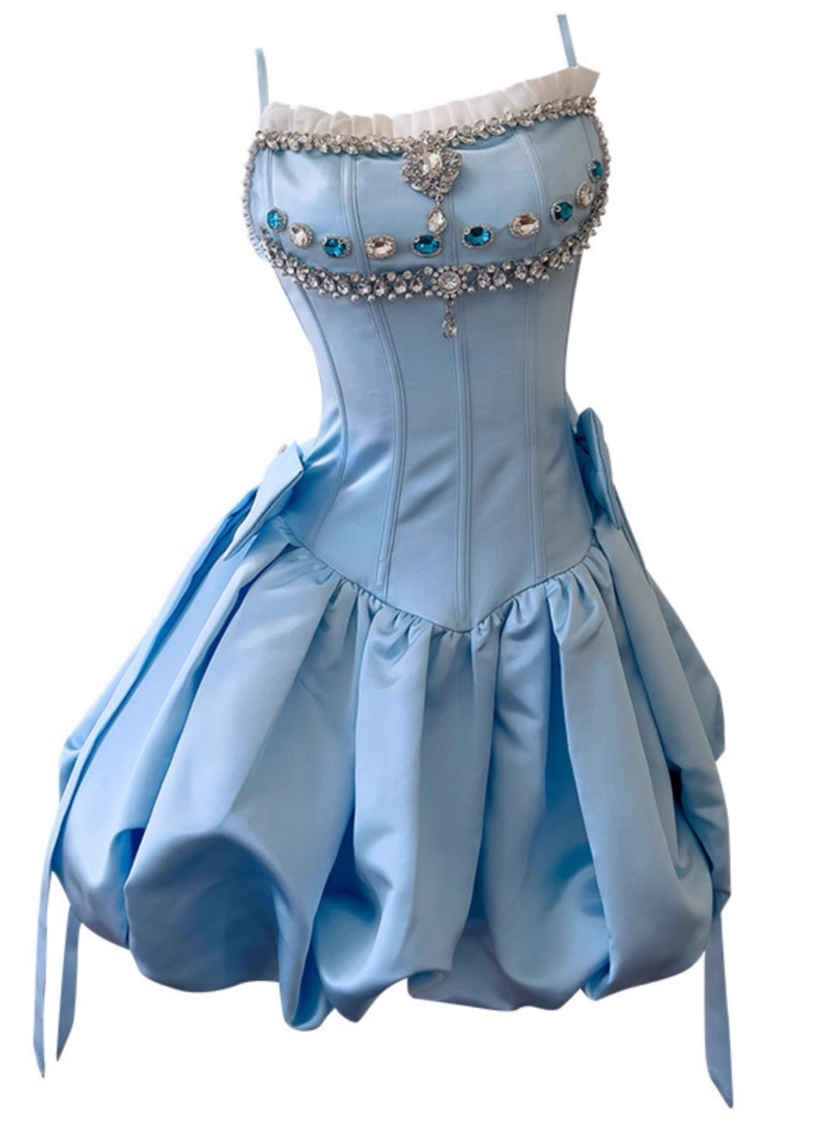 Cute Ball Gown Spaghetti Straps Blue Satin Formal Short Mini Homecoming Dress Middle School 20th Birthday Outfits Graduation Dress Cocktail Dresses DH2207