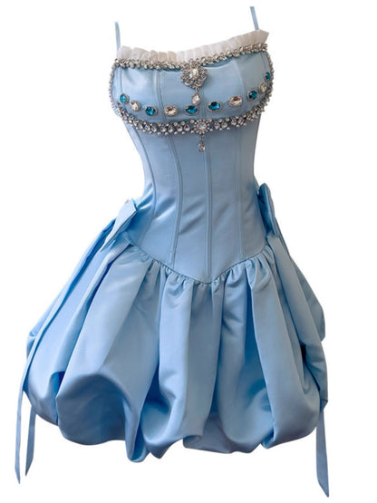 Cute Ball Gown Spaghetti Straps Blue Satin Formal Short Mini Homecoming Dress Middle School 20th Birthday Outfits Graduation Dress Cocktail Dresses DH2207