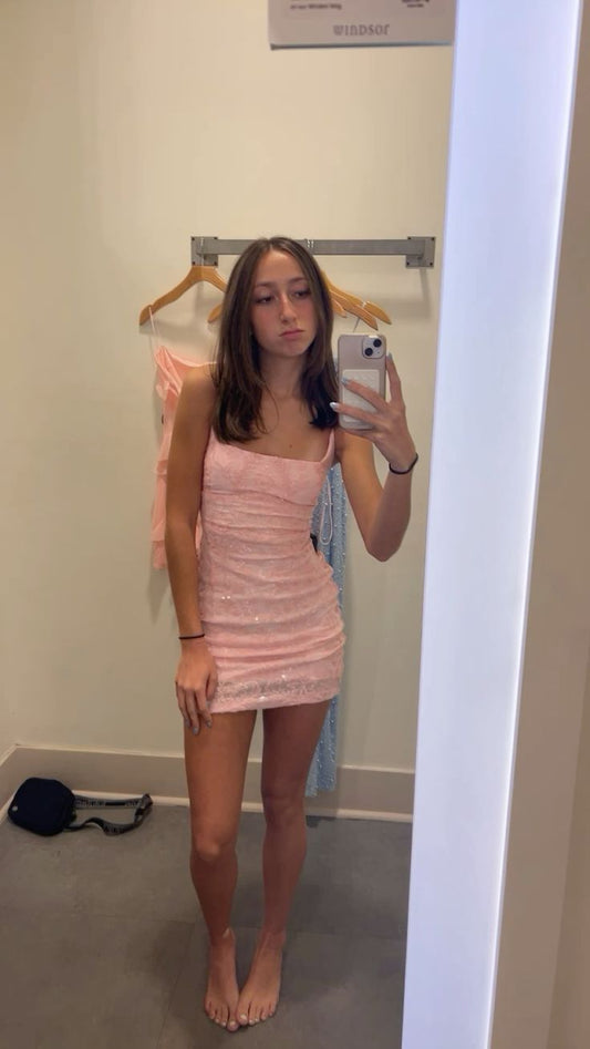 Pretty Sheath Square Neck Pink Sequin Short Formal Homecoming Dresses Middle School Short 21st Birthday Outfits Graduation Dress Mini Cocktail Dresses DH2218