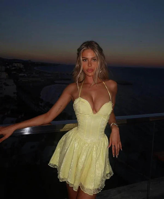 Cute A Line Halter Yellow Lace Short Formal Homecoming Dress Middle School Short 16th Birthday Outfits Graduation Dress Cocktail Dresses SH3869