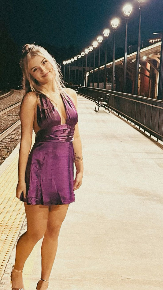 Sexy A Line Halter Grape Satin Short Formal Homecoming Dress Middle School Short 16th Birthday Outfits Graduation Dress Cocktail Dresses DH2229