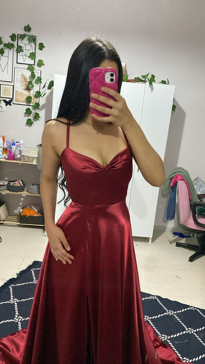 Elegant A Line Spaghetti Straps Burgundy Satin Sleeveless Long Evening Party Gowns Slit Evening Dress Special Formal Dresses Prom Dress DH227