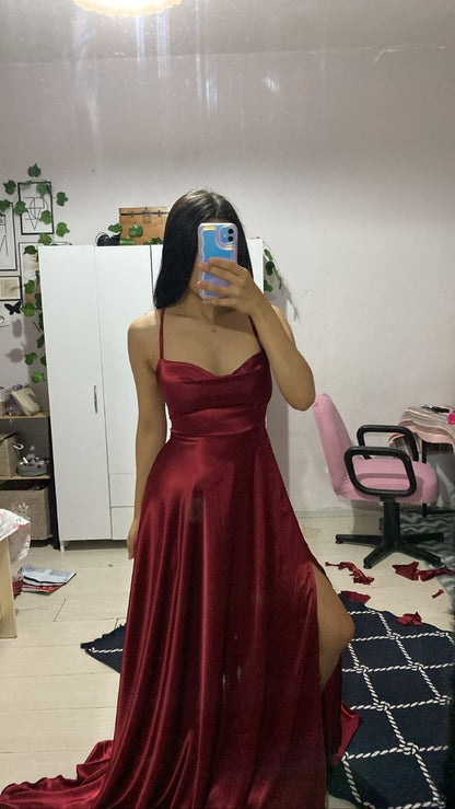 Elegant A Line Spaghetti Straps Burgundy Satin Sleeveless Long Evening Party Gowns Slit Evening Dress Special Formal Dresses Prom Dress DH227
