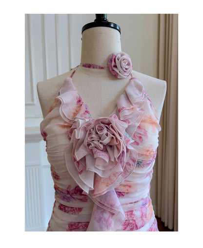 Pretty Sheath Halter Pink Floral Chiffon Short Formal Homecoming Dresses Middle School Short 21st Birthday Outfits Graduation Dress Mini Cocktail Dresses DH2289