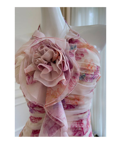 Pretty Sheath Halter Pink Floral Chiffon Short Formal Homecoming Dresses Middle School Short 21st Birthday Outfits Graduation Dress Mini Cocktail Dresses DH2289