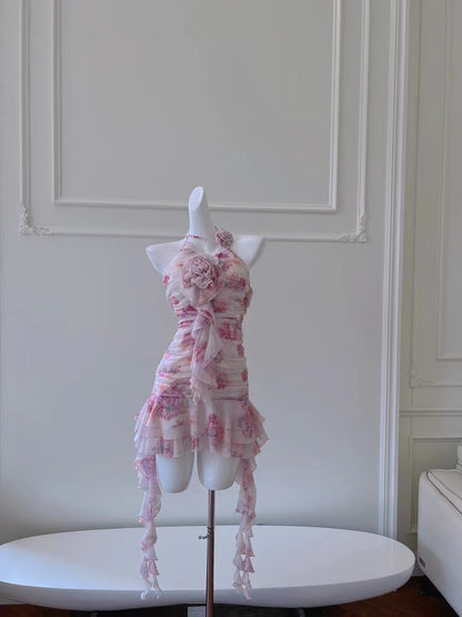 Pretty Sheath Halter Pink Floral Chiffon Short Formal Homecoming Dresses Middle School Short 21st Birthday Outfits Graduation Dress Mini Cocktail Dresses DH2289