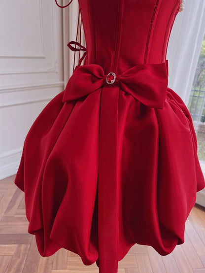 Modest Ball Gown Spaghetti Straps Satin Red Short Formal Homecoming Dress Middle School Short 18th Birthday Outfits Graduation Dress Cocktail Dresses DH2291