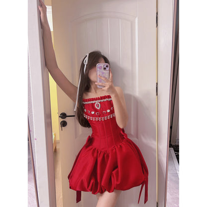 Modest Ball Gown Spaghetti Straps Satin Red Short Formal Homecoming Dress Middle School Short 20th Birthday Outfits Graduation Dress Cocktail Dresses DH2293