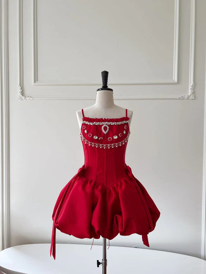 Modest Ball Gown Spaghetti Straps Satin Red Short Formal Homecoming Dress Middle School Short 20th Birthday Outfits Graduation Dress Cocktail Dresses DH2293