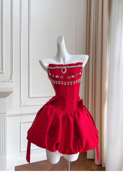 Modest Ball Gown Spaghetti Straps Satin Red Short Formal Homecoming Dress Middle School Short 20th Birthday Outfits Graduation Dress Cocktail Dresses DH2293