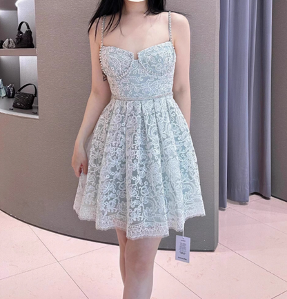 Pretty A Line Spaghetti Straps Gray Lace Short Formal Homecoming Dresses Middle School Short 21st Birthday Outfits Graduation Dress Mini Cocktail Dresses DH2298