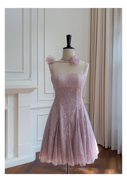 Pretty A Line Spaghetti Straps Pink Lace Short Formal Homecoming Dresses Middle School Short 21st Birthday Outfits Graduation Dress Mini Cocktail Dresses DH2302