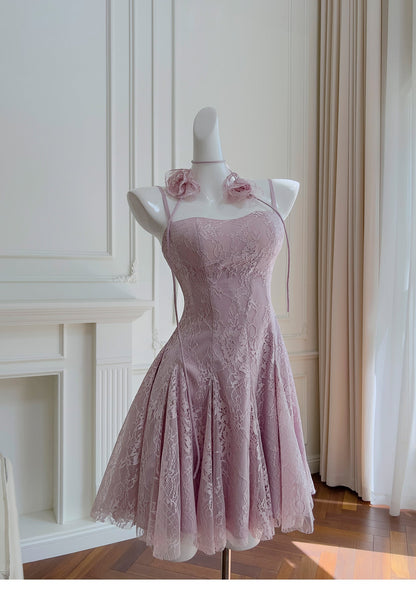 Pretty A Line Spaghetti Straps Pink Lace Short Formal Homecoming Dresses Middle School Short 21st Birthday Outfits Graduation Dress Mini Cocktail Dresses DH2303