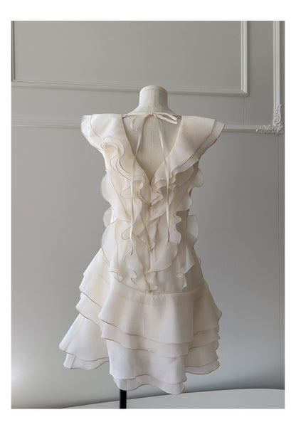 Pretty A line V Neck Ivory Chiffon Short Formal Homecoming Dresses Middle School Short 21st Birthday Outfits Graduation Dress Mini Cocktail Dresses DH2306