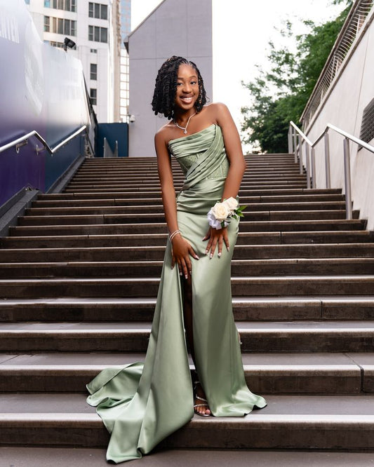 Elegant Sheath Strapless Sage Green Slit Long Prom Dresses Party Dress 18th Birthday Outfits Graduation Dresses DH2315