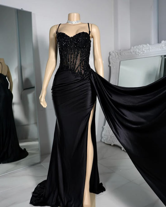 Elegant Mermaid Spaghetti Straps Satin Slit Black Long Prom Dresses Party Dress 18th Birthday Outfits Graduation Dresses DH2339