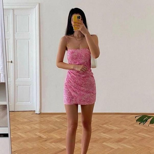 Pretty Sheath Spaghetti Straps Pink Lace Formal Homecoming Dresses Short 16th Birthday Outfits Graduation Dress Mini Cocktail Dresses DH2362