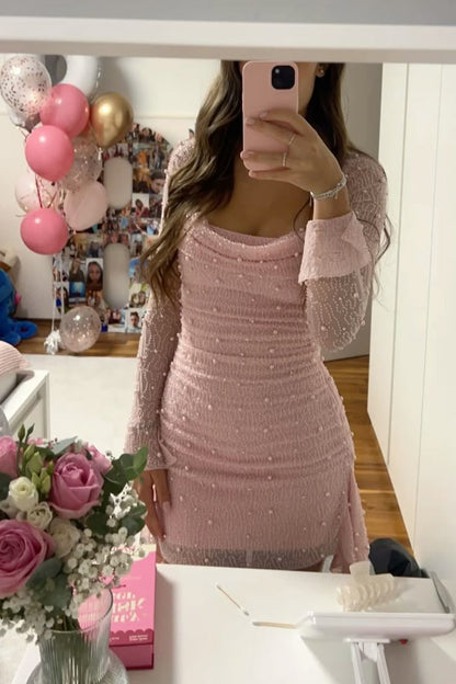 Pretty Sheath Square Neck Pink Sequin Formal Homecoming Dresses 21st Birthday Outfits Graduation Dress Short Mini Cocktail Dresses DH2373