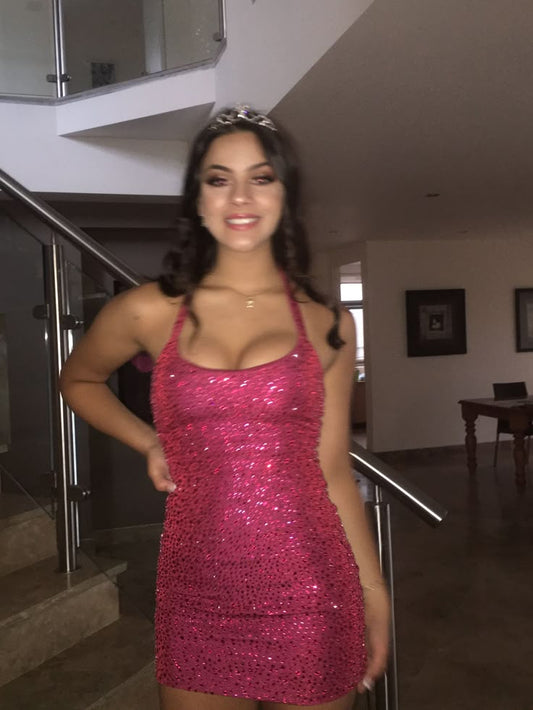 Pretty Sheath Halter Pink Sequin Formal Homecoming Dresses 21st Birthday Outfits Graduation Dress Short Mini Cocktail Dresses DH2379